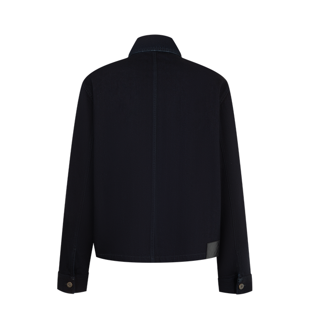 Image 2 of 3 - BLUE - Bottega Veneta Men's Dark Indigo Denim Jacket is crafted from a lightweight indigo denim and features a regular-fit trucker silhouette. Designed with a button-front closure, chest patch pocket, side pockets, and an Intrecciato back patch. Main Material: 100% Cotton. Made in Italy. 
