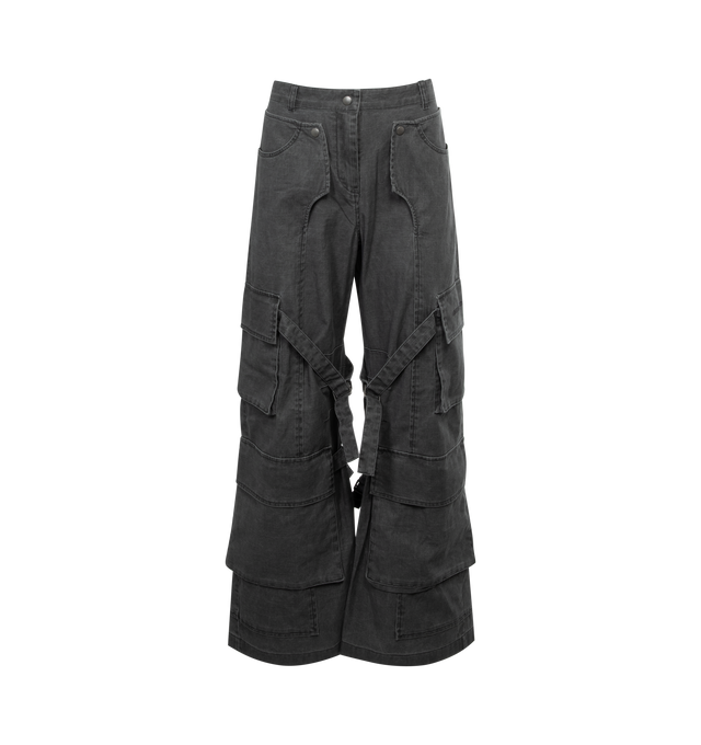 Image 1 of 3 - BLACK - ACNE STUDIOS Cargo Pant featuring regular fit, mid waist, straight leg, long length, coated slubbed texture, cargo pockets and adjustable strap details. 100% cotton. 