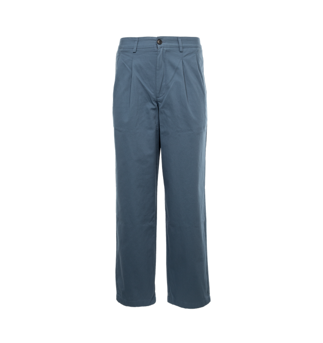 Image 1 of 4 - BLUE - NOAH Twill Double Pleated Pants featuring double-pleated with zip-fly and button-closure, side seam front pockets and besom back pockets with button-closure. 100% organic cotton denim. Made in Portugal. 