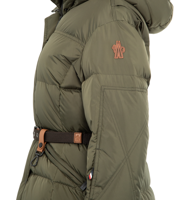Image 3 of 3 - GREEN - MONCLER GRENOBLE Salastrains Belted Down Ski Jacket featuring 2L technical nylon, micro ripstop lining, down-filled, adjustable hood with fleece lining, YKK AquaGuard Highly Water-Resistant zipper closure, pockets with YKK AquaGuard Highly Water-Resistant zipper closure, inner media pocket with YKK AquaGuard Highly Water-Resistant zipper closure, ski pass pocket with YKK AquaGuard Highly Water-Resistant zipper closure, detachable belt with leather details and glove carabiner, stretch  