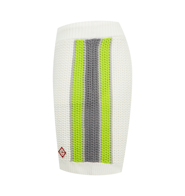 Image 3 of 3 - WHITE - CASABLANCA Stripe Crochet Shorts featuring soft textured design, logo, ribbed elasticised waistband with drawstring fastening, side pockets, contrast stripe detail down the sides and a relaxed silhouette. 100% cotton. 