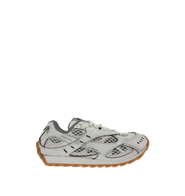 Image 1 of 5 - GREY - Bottega Veneta Orbit Sneaker featuring lace-up front, metallic rubber, mesh and fishnet panels, signature intrecciato weave and gripped soles. Rubber outsole. Made in Italy. 