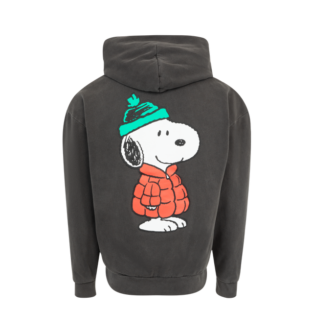 Image 2 of 2 - BLACK - Market Peanuts Puffer Hoodie in washed black 100% cotton fleece featuring Peanuts graphic at the front, kangaroo pocket and adjustable drawstring hood, ribbed cuffs and hem. 