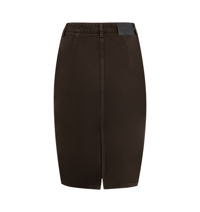 Image 2 of 3 - BROWN - SAINT LAURENT Pencil Skirt featuring mid-rise, waistband with belt loops, single back vent and saint laurent paris embossed leather jacron. 100% cotton. Made in Italy. 