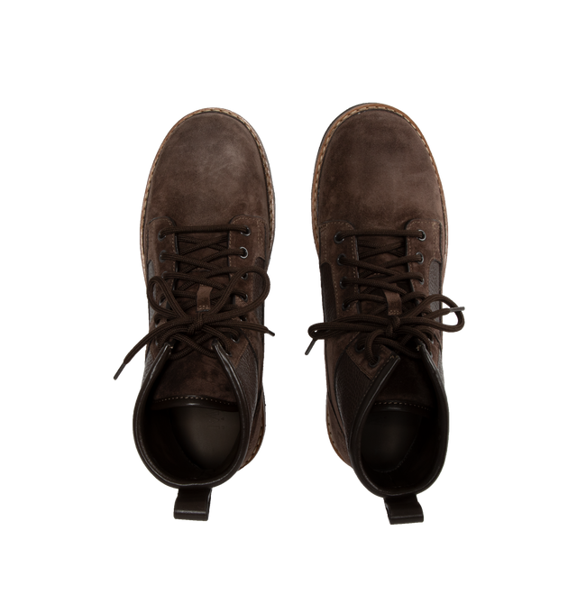 Image 4 of 4 - BROWN - MONCLER Peka Camp Suede & Leather Lace-Up Boots featuring suede and leather upper, leather lining insole, lace-up closure, leather welt, micro rubber midsole and vibram rubber tread. Calf length 14 cm. Sole height 4.5 cm. Leather. Sole: 100% elastodiene. 