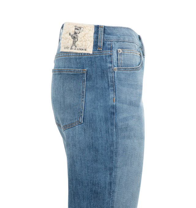 Image 3 of 3 - BLUE - COUT DE LA LIBERTE Rafa Twill Yarn Dye Denim featuring straight-leg, button closure, five-pocket styling and logo patch on back waist. Cotton. 