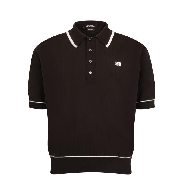 Image 1 of 2 - BROWN - The Wales Bonner Blessings Polo is crafted in wool lace knit, presented in dark brown and ivory. Materials: 100% Merino Wool. Made in England. 