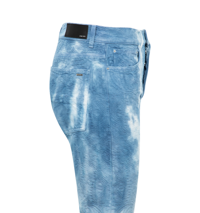 Image 2 of 2 - BLACK - AMIRI Tie-Dye Jeans featuring straight-leg, non-stretch denim, tie-dye effect throughout, belt loops, five-pocket styling, button-fly, logo patch at back waistband, logo plaque at back pocket and logo-engraved silver-tone hardware. 100% cotton. Made in United States. 