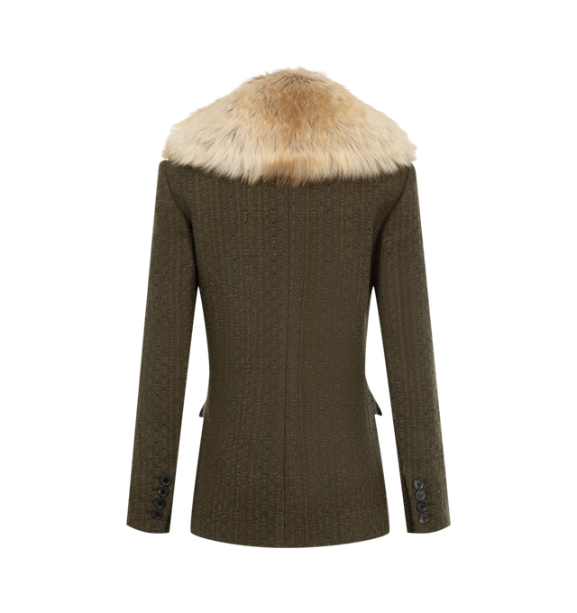 Image 2 of 2 - GREEN - Saint Laurent Womens Jacket is crafted from a wool blend with a lamb fur collar. Features a tailored silhouette, full silk lining, and luxurious fur trim. Main Material: 74% Wool, 26% Polyamide; Lining: 100% Silk; Collar: Lamb Fur. Made in Italy. 