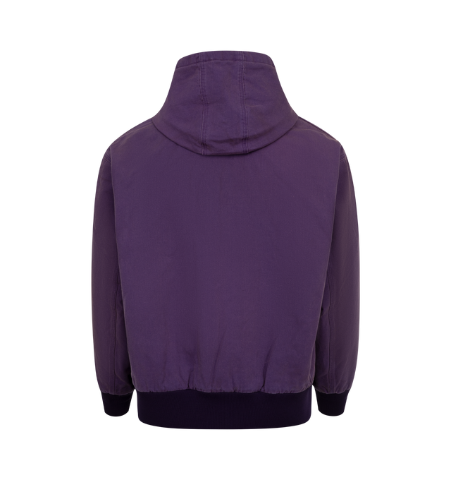 Image 2 of 3 - PURPLE - Needles Zipped Work Hoodie has an attached drawstring hood, a front zipper closure, side pockets, ribbed trims, and an embroidered butterfly logo patch. Lined. 100% cotton.  