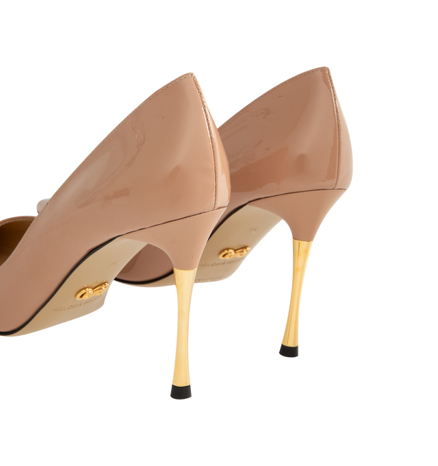 Image 3 of 4 - NEUTRAL - Mach & Mach Women's Supernova Gold Heel Pump is crafted from glossy patent leather and features an elegant pointed-toe silhouette with a 95mm heel. Designed with a gold heel design for a refined statement. Main Material: Patent Leather.  Made in Italy. 
