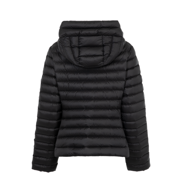 Image 2 of 3 - BLACK - Moncler Women's Ige Short Down Puffer Jacket has an attached hood, a 2-way zip front, an embroidered logo patch, side pockets, and a classic fit. Down fill. Nylon, polyamide exterior.  