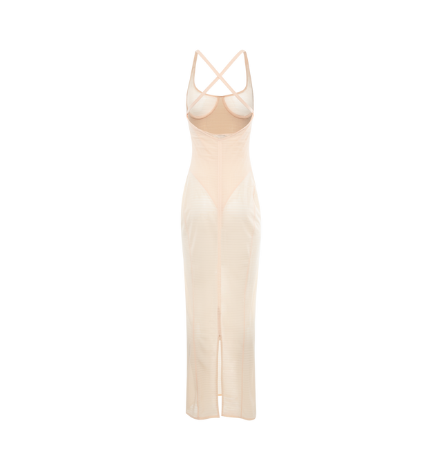 Image 2 of 3 - NEUTRAL - ALAIA Sculpting Dress with heart shaped neckline, integrated sculpting bodysuit with underwire cups, straps crossed at the back and made from sheer, striped stretch tulle. 80% polyamide, 20% elastane. Made in Italy. 