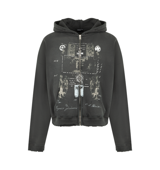 Image 1 of 2 - BLACK - ENFANTS RICHES DEPRIMES Diaghilev's Grave Zip Up Hoodie featuring long-sleeve zip hooded sweatshirt, heavy weight brushed French terry, boxy drop-shoulder fit, a double-layer hood, a kangaroo pocket, rib-knit cuffs and waistband, patchwork printed artwork throughout, monogram branded hardware, a vintage wash process and distressing throughout. Made in the USA. 