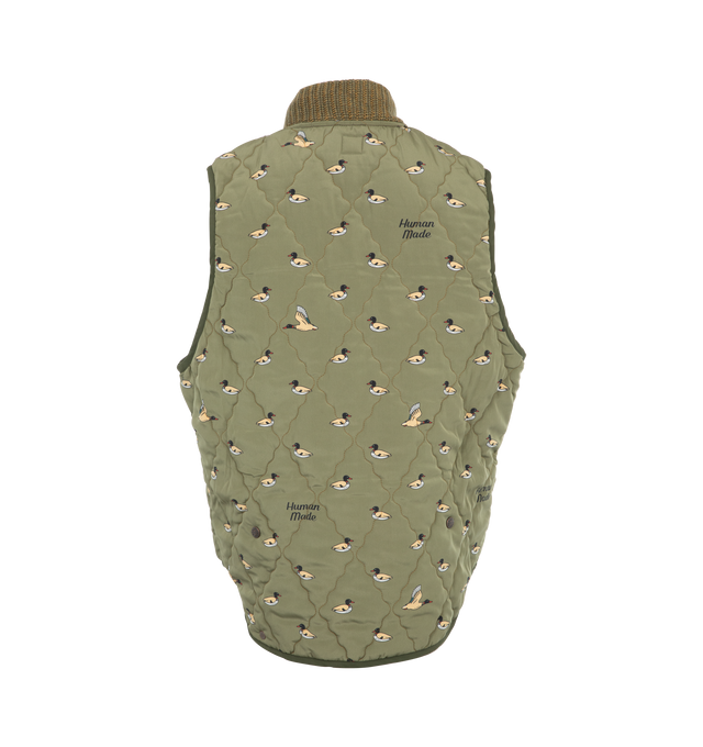 Image 2 of 3 - GREEN - Human Made Quilted Padded Vest has a knit stand collar, a snap button front, side pockets, and contrast piping. 100% polyester.  