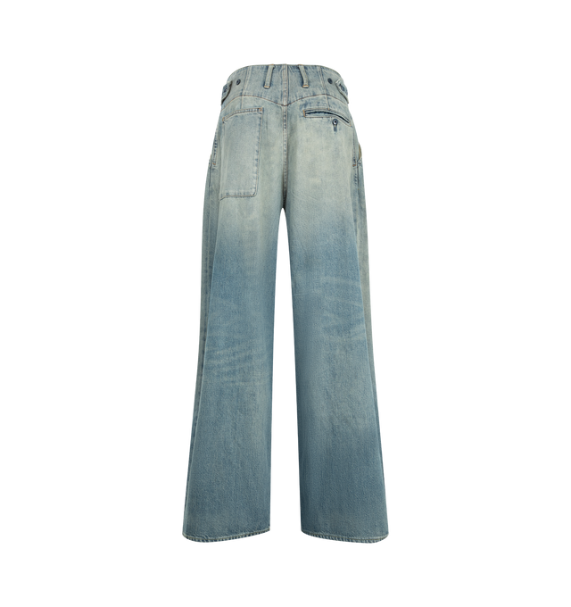 Image 2 of 3 - BLUE - R13 Women's Triple Pleated Wide Leg Jeans are crafted from nonstretch cotton denim and feature a faded medium wash with dramatic pleated detailing that enhances the wide-leg silhouette. Designed to make a statement while maintaining everyday versatility, this Italian-made style is finished with classic golden topstitching, adjustable waist tabs for a customizable fit, a zip fly with button closure, front slant pockets, a back patch pocket, and a back button-welt pocket. Main Material:  