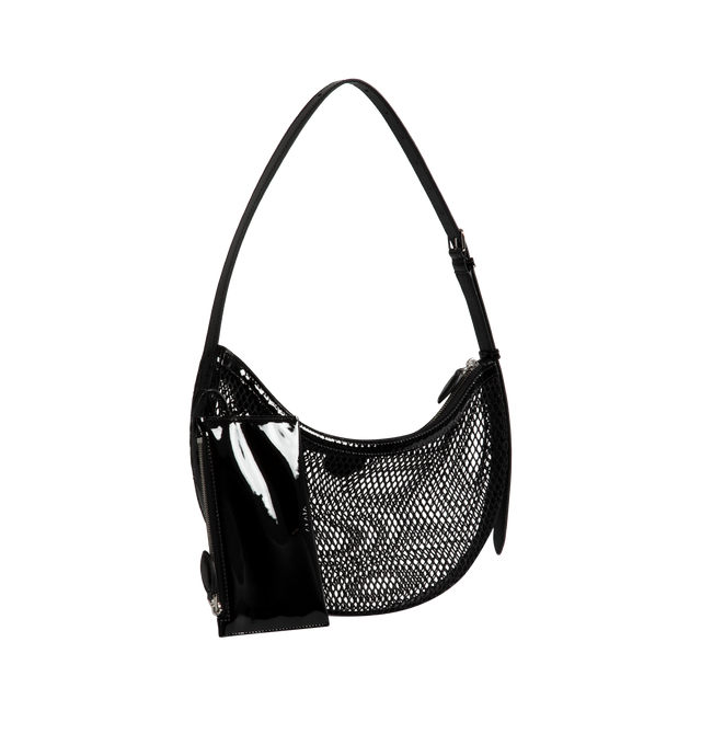 Image 2 of 3 - BLACK - ALAIA One Piece Demi Perforated Shoulder Bag in Leather and Nylon featuring adjustable shoulder strap, zip top closure and interior leashed zip pouch bag. Lining: leather. 6"H x 12"W x 0.5"D. Made in Italy. 