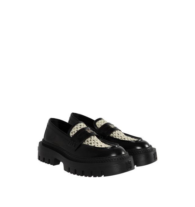 Image 2 of 4 - BLACK - AMIRI Jumbo Mixed Media Penny Loafer featuring superchunky lug sole with ridged texture, textured knit vamp and monogram-logo 'coin' in the keeper strap. Leather and textile upper/textile lining/rubber sole. Made in Italy. 