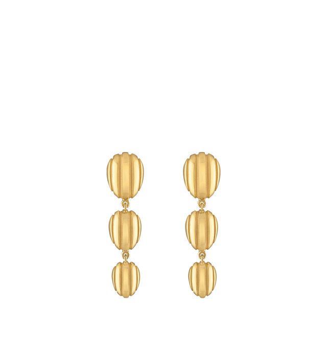 Image 2 of 2 - GOLD - Pamela Zamore Eos Triple Egg Earrings are expertly crafted from 16.8g of 18 karat yellow gold with a sandblasted finish. Finely crafted in Rhode Island. Hirshleifers offers a range of pieces from this collection in-store. For personal consultation and detailed information about jewelry, please contact our dedicated stylist team at personalshopping@hirshleifers.com. 