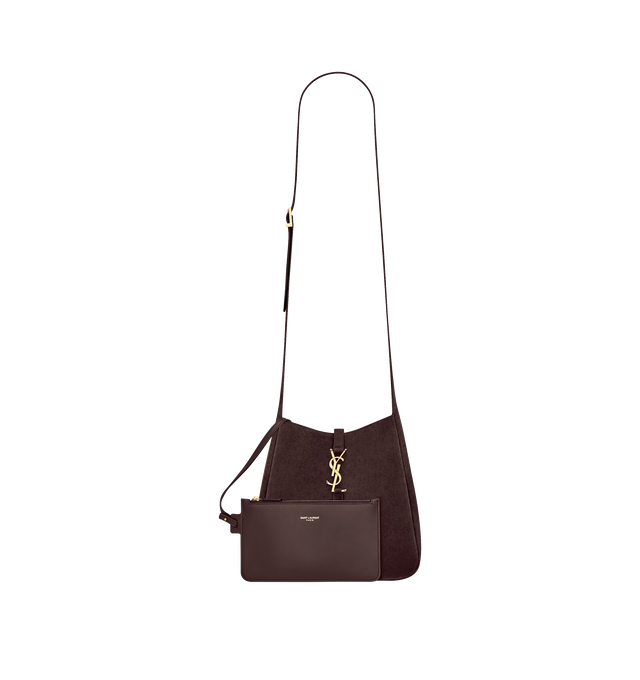 Image 2 of 5 - BROWN - Saint Laurent Women's Le 5  7 Supple Crossbody Bag is crafted from calfskin suede with a tonal suede lining. The spacious silhouette features bronze-tone hardware, a Cassandre hook closure, a removable zip pouch, and an adjustable strap for crossbody carry. Fits a large phone, wallet, sunglasses, and keys. Main Material: Calfskin Leather. Hardware: Brass. Dimensions: 22.5 x 23 x 8.5 cm / 8.9 x 9.1 x 3.3 in. Strap Drop: 50 cm / 19.7 in. Made in Italy. 