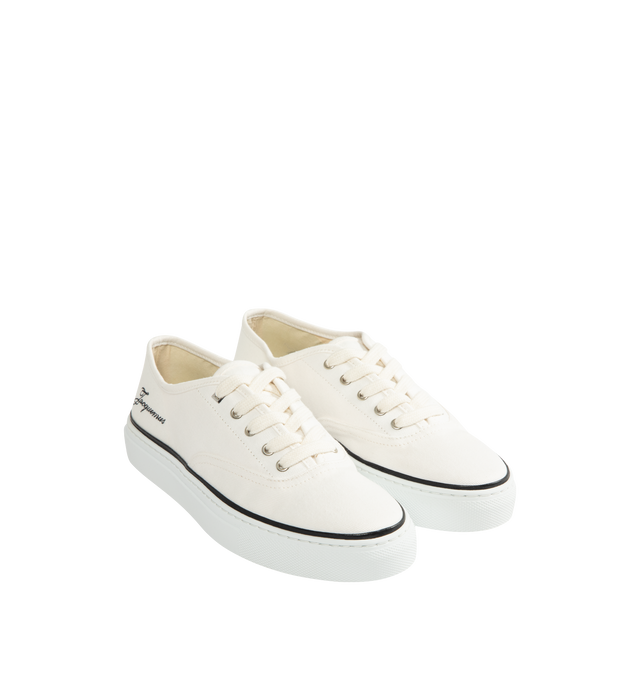 Image 2 of 5 - WHITE - JACQUEMUS The Ff Skate Sneakers featuring canvas upper, round toe, flat cotton laces, embroidered signature and monogram logos, rubber sole and canvas insole and lining. 100% cotton. Made in Portugal. 