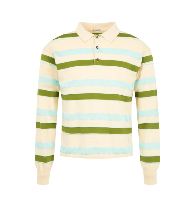 Image 1 of 2 - MULTI - JW Anderson Men's Knitted Striped Rugby Polo Top in ivory, green and blue contrast matte cotton and high-shine viscose, featuring anchor logo embroidery with horn buttons. Composition: 73% Cotton, 27% Viscose. Made in Italy. 