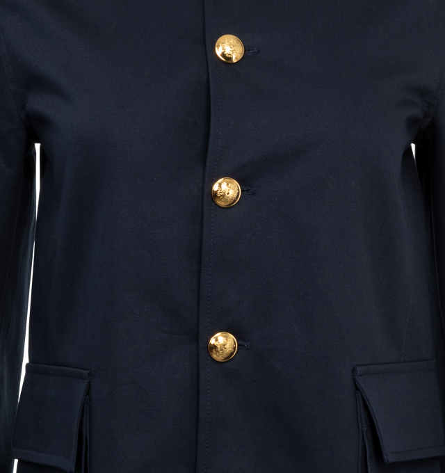 Image 3 of 3 - NAVY - NILI LOTAN Margaret Jacket featuring relaxed, boxy fit, flap patch pockets, signature crest buttons in gold and collar. Made in USA. 