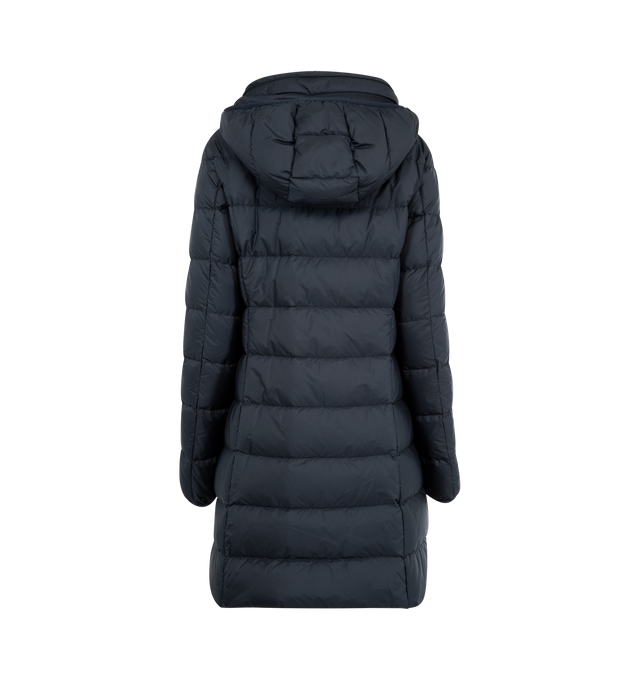 Image 3 of 4 - NAVY - MONCLER Gie Hooded Long Down Jacket featuring rainwear lining, down-filled, pull-out hood with concealed zipper, zipper closure, zipped pockets and felt logo. 100% polyamide/nylon. Padding: 90% down, 10% feather. 