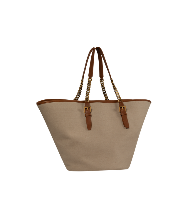 Image 2 of 3 - BROWN - SAINT LAURENT Lauren Cabas Panier Bag featuring canvas exterior and interior with leather trim, open top, one main compartment, interior zipper pocket and dual leather shoulder straps with gold-tone hardware. 10" - 18.5" W x 12" H x 10" D. Strap drop: 9". Made in Italy.  