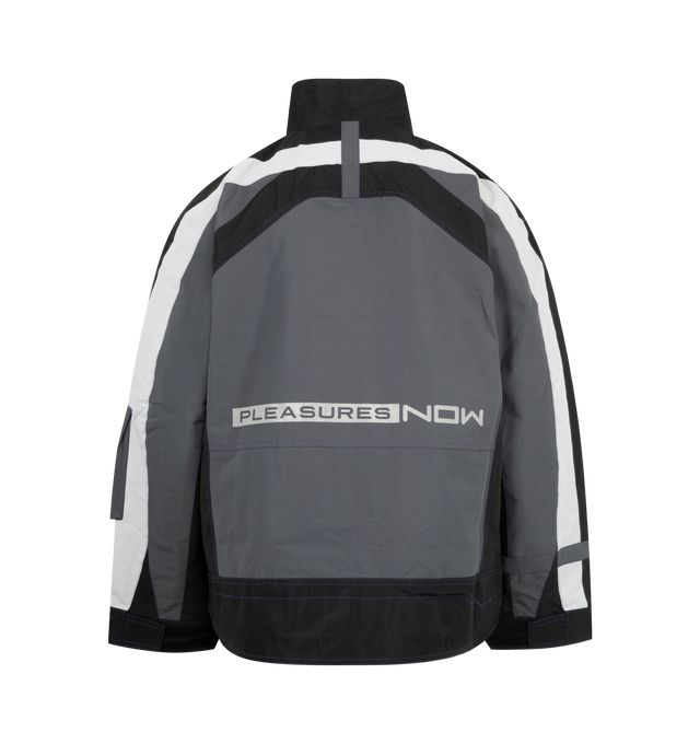Image 2 of 4 - BLACK - PLEASURES Tactical Moto Jacket featuring relaxed fit, printed logo, hidden mesh ventilation and side zip pockets. 100% water resistant polyester. 
