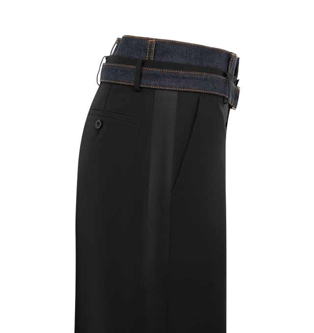 Image 3 of 3 - BLACK - SACAI Suiting & Denim Trousers featuring plain-woven wool-blend trousers, belt loops and detachable cinch belt at waistband, denim trim at layered waistband, four-pocket styling, zip fly, partial satin lining and contrast stitching in tan. 70% polyester, 30% wool. Trim: 100% cotton. Lining: 100% cupro. Made in Japan. 