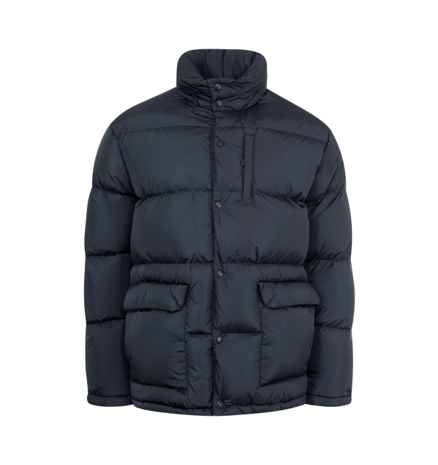 Image 2 of 5 - NAVY - ASPESI Moschino II Jacket featuring down-filled quilted nylon taffeta jacket, stowaway hood at stand collar, zip closure with press-stud placket, flap pockets, textile logo flag at hem, inset rib knit cuffs, elasticized snowskirt at interior, full satin lining and logo-engraved gunmetal-tone hardware. 80% down, 20% feathers. 