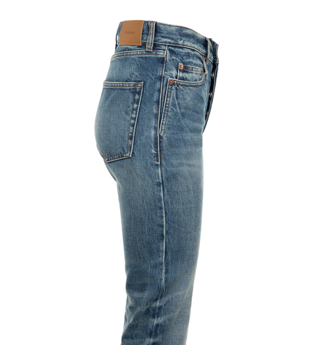 Image 3 of 3 - BLUE - SAINT LAURENT 90S Slim Denim Jeans featuring high-waist, slim-fit, five-pocket style, long straight leg, button closure with zip fly and waistband with belt loops. 100% cotton. 