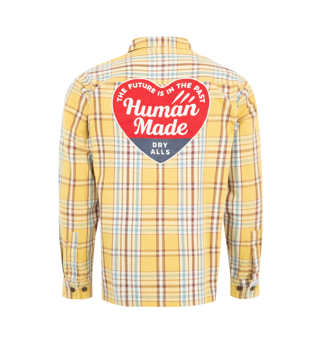 Image 2 of 2 - YELLOW - HUMAN MADE Heart Patch Check Shirt featuring a classic check flannel, front embroidered logo, oversized back patch, two chest pockets and button closure. 100% cotton. 