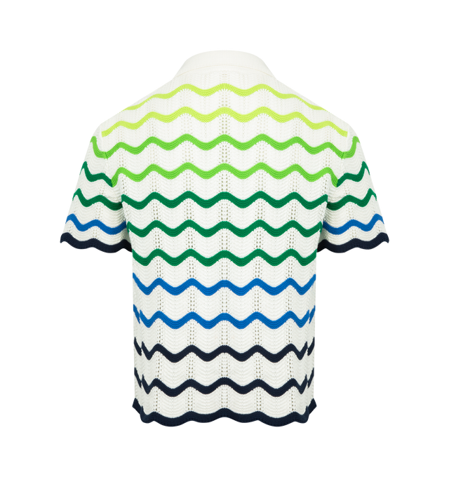 Image 2 of 2 - MULTI - CASABLANCA Wave Knit Shirt featuring an open weave crochet cotton fabric, the season's knitted gradient, button closure, a Cuban-style collared silhouette with short sleeves, ribbed trim detailing, signature gold rim pearl buttons and diamond logo. 100% cotton. 