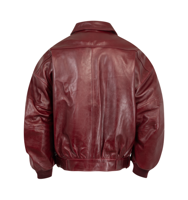 Image 3 of 4 - RED - Willy Chavarria Men's OS Hustler's Leather Jacket is crafted from lambskin leather and features an oversized silhouette, sculptural paneled sleeves, a matching leather belt at the hem, and a concealed front zip closure. Designed with oversized welt pockets, ribbed cuffs, and clean construction, this leather bomber balances volume with refined tailoring. Main Material: 100% Lambskin. Lining: 100% Cotton. 