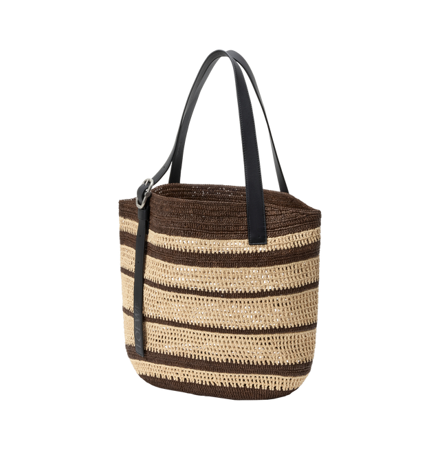 Image 3 of 5 - BROWN - LOEWE PAULA'S IBIZA Loop Basket Bag in raffia featuring two-tone stripes, suitable for a 13 inch laptop, shoulder or hand carry, adjustable handles, unlined, leather trimmings and leather buckled handles with embossed LOEWE. Raffia. 41 cm x 45 cm x 15 cm. Made in Spain. 