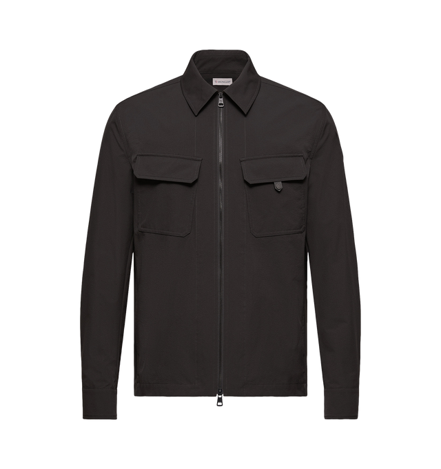 Image 1 of 2 - BLACK - MONCLER Zip Shirt featuring zipper closure, long sleeves, chest flap pockets, collar and logo patch. 