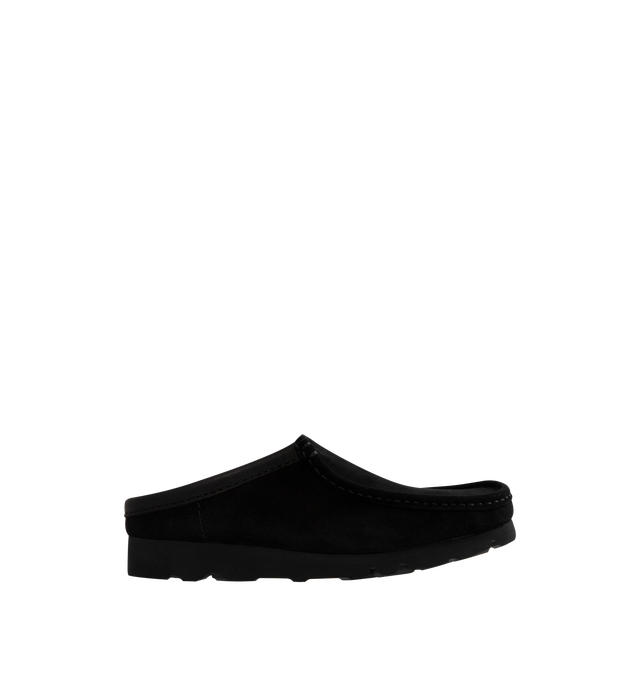 Image 1 of 4 - BLACK - CLARKS Wallabee Slip Shoes featuring suede upper, lightweight Vibram sole, tonal leather collars and Clarks Originals heat-embossed metallic transfer on sock bed. 