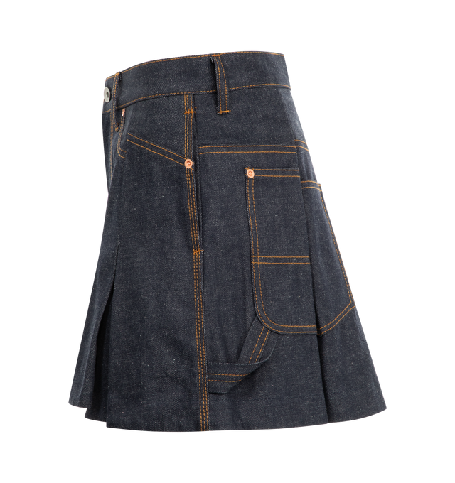 Image 3 of 3 - NAVY - Sacai Women's deconstructed denim mini-length skort featuring belt loops, button-fly closure, and hammer loop. 100% cotton denim. Made in Japan. 