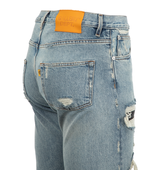 Image 2 of 2 - BLUE - GALLERY DEPT. Cornell LA Flare Jeans featuring regular fit, mid-rise, wide leg, belt loops, five pockets, brand patch at back, faded wash and whiskering, contrast faux-leather panels under cut-out at front, distressed and raw cuffs. 100% cotton. 