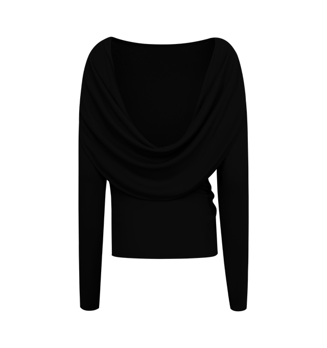 Image 2 of 2 - BLACK - JACQUEMUS Croisiere Dress featuring open-back, mini length, relaxed fit, fluid crepe jersey, boat neckline, long sleeves and draped waist. 82% viscose, 18% polyamide. Made in Portugal. 