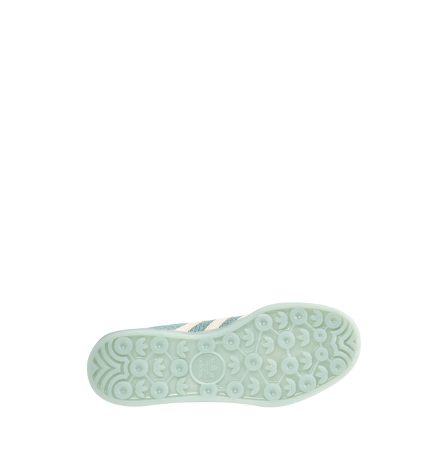 Image 4 of 5 - BLUE - ADIDAS Gazelle Indoor Sneaker featuring cotton-weave upper with butter-soft nubuck overlays, regular fit, 3 stripes on side, lace closure, leather and textile lining and semi-transparent rubber outsole. 