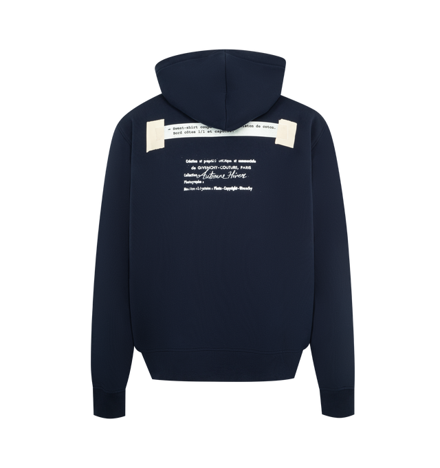 Image 2 of 2 - NAVY - GIVENCHY Couture Seam Regular Fit Hoodie featuring drawstring hood, kangaroo pocket, ribbed hem and cuffs and text graphic on front and back. 100% cotton.  