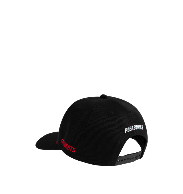 Image 2 of 2 - BLACK - Pleasures X Fat Beats Sections Snapback Hat has a curved brim, embroidered text, and an adjustable snapback closure.  