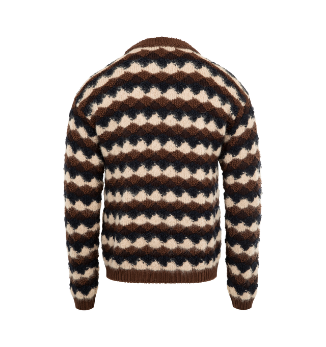 Image 2 of 3 - BROWN - MONCLER GRENOBLE Geometric Jacquard Wool Blend Sweater featuring gauge 3, crew neck, long sleeves and pattern throughout. 78% wool, 15% alpaca, 7% polyamide/nylon. Made in Romania. 