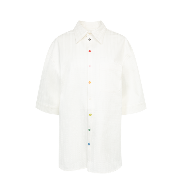 Image 1 of 3 - WHITE - CHRISTOPHER JOHN ROGERS Jumbo Short Sleeve Shirt featuring rainbow button closure, oversized fit, clasic collar and drop shoulder. 100% cotton.  