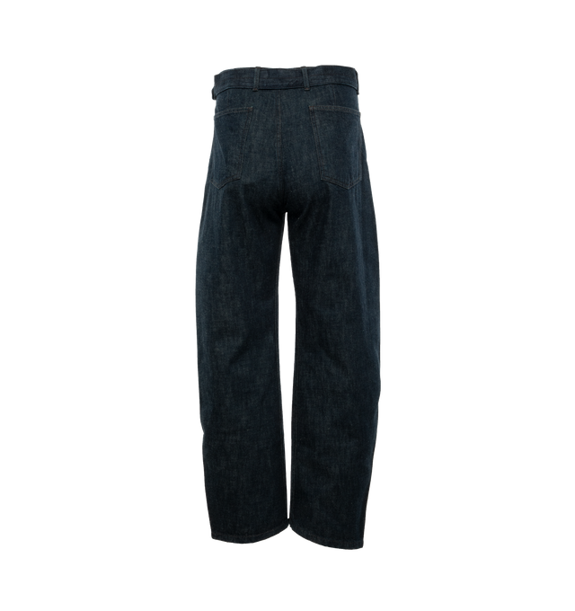 Image 2 of 4 - BLUE - LEMAIRE unisex denim pants in men's sizing. Iconic Twisted Pant crafted of a heavy denim with a visible twill weave and a deep indigo wash. Side-seams are slightly twisted giving the leg a curved shape. Featuring two side pockets, back patch pockets and contrast stitching. The fit is elongated and mid-rise and includes a matching belt to adjust the waist. 100% Cotton. 