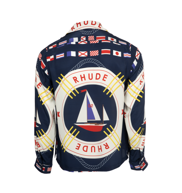 Image 2 of 3 - NAVY - RHUDE Flag Sail Shirt featuring logo graphic pattern printed throughout, open spread collar, button closure, patch pocket, tennis-tail hem and single-button barrel cuffs. 100% silk. Made in United States. 