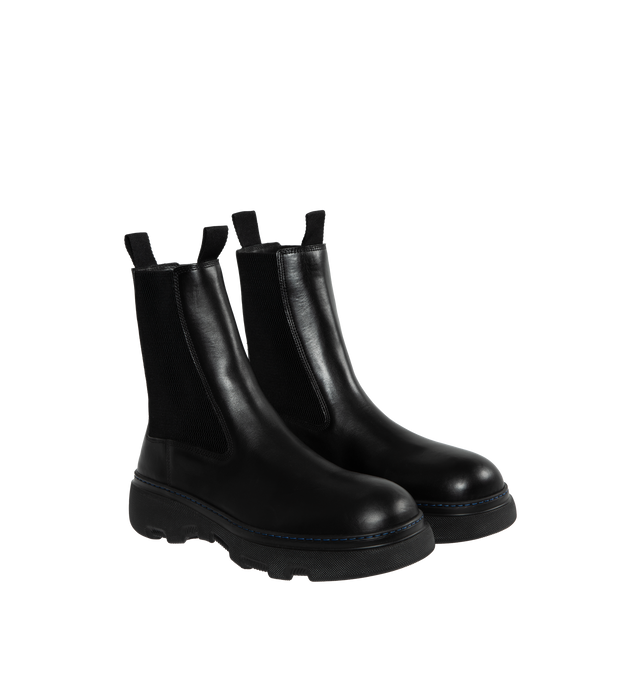 BLACK - BURBERRY Gabriel Leather Creeper Chelsea Boots featuring contrast topstitching, chunky heel, round toe, gored sides, front and back pull tab, logo lettering on the sole and pull-on style. 100 % leather. Made in Italy.